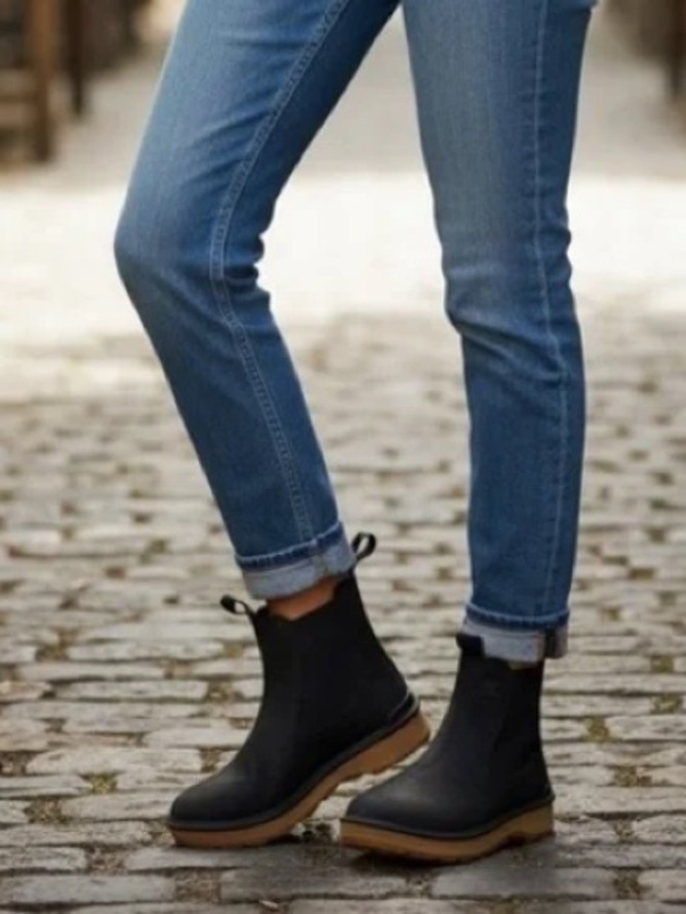 Sorel | Women’s Black Suede Chelsea Pull On Ankle Boots Dual Pull Tags Tan Soles